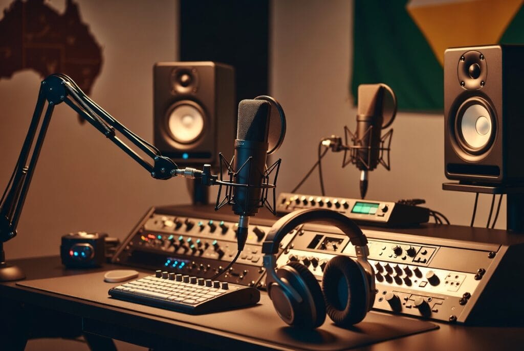 Professional audio equipment setup featuring microphones, headphones, and mixers in an Australian-inspired studio environment, highlighting quality gear from Audio Shop Australia