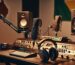 Professional audio equipment setup featuring microphones, headphones, and mixers in an Australian-inspired studio environment, highlighting quality gear from Audio Shop Australia